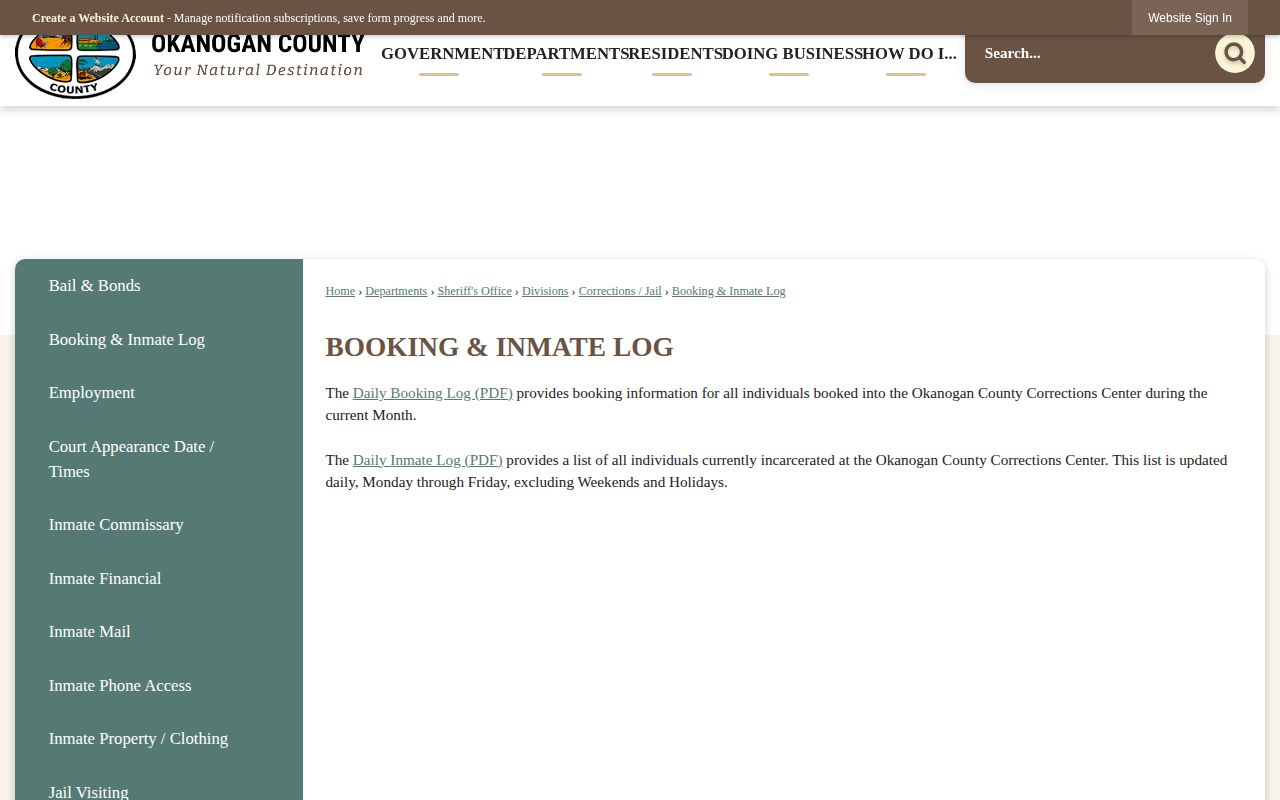 Douglas County adult custody Okanogan booking and inmate log official roster page